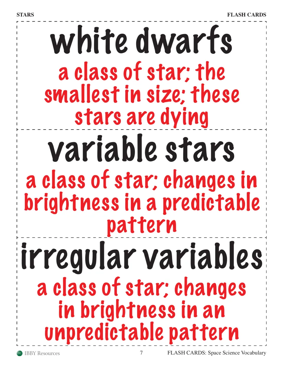 Stars flash cards 10–12 define white dwarfs, variable stars, and irregular variables, including brightness changes