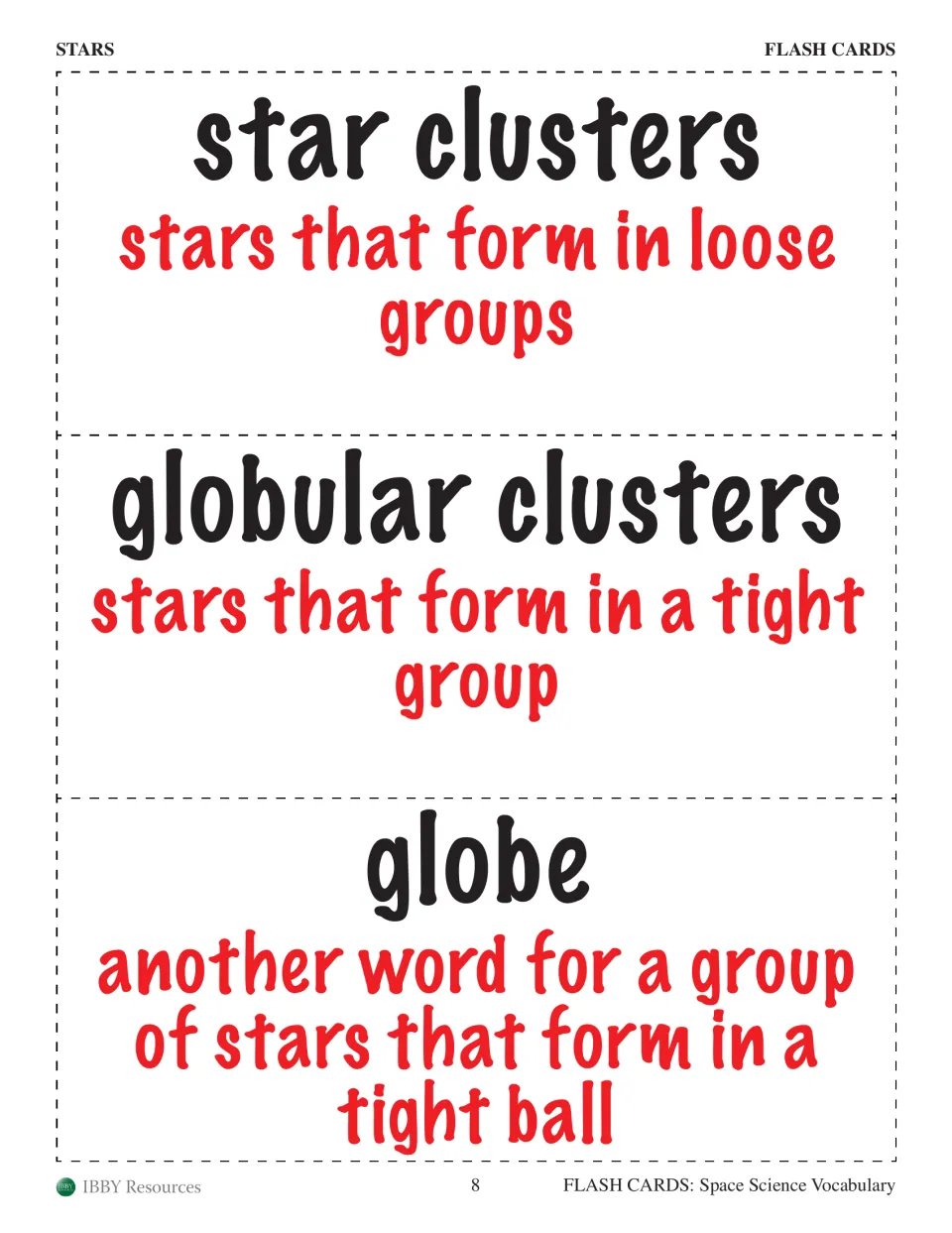 Stars flash cards 13–15 define star clusters, globular clusters, and globe using descriptions of star groupings