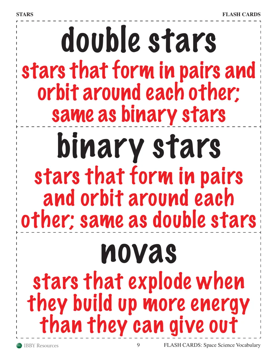 Stars flash cards 16–18 define double stars, binary stars, and novas, covering orbiting pairs and explosions