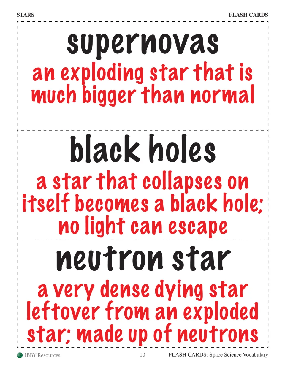 Stars flash cards 19–21 define supernovas, black holes, and neutron star, covering explosions and stellar remains