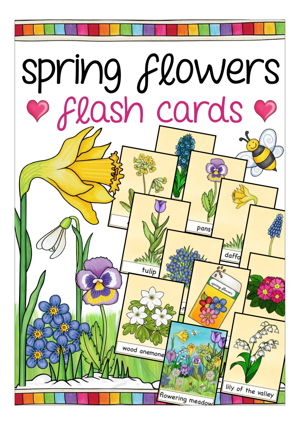Spring flowers flash cards cover showing sample illustrated cards labeled with flower names
