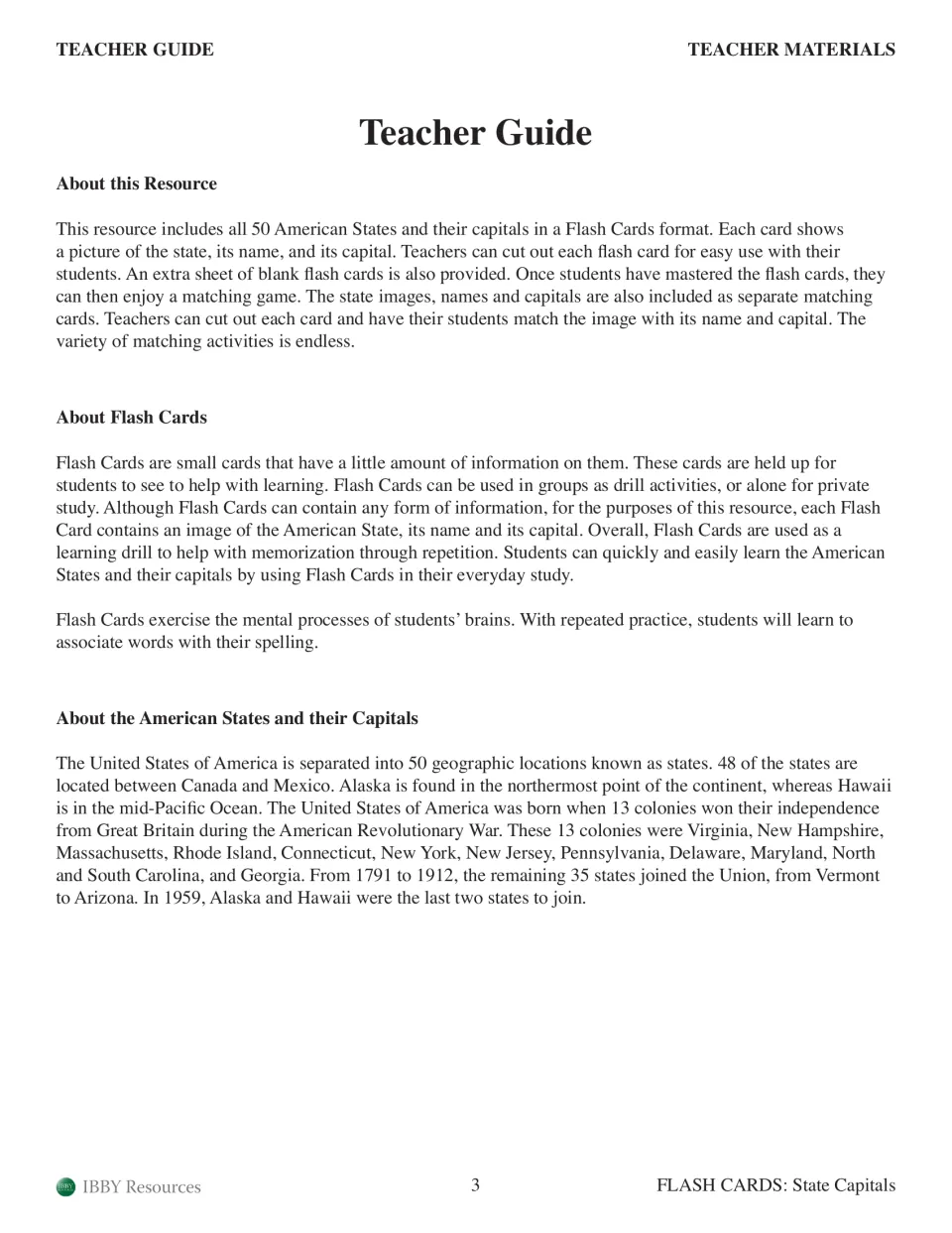 Teacher guide explaining the 50 state cards, blank cards, the matching game and a short history of how states joined