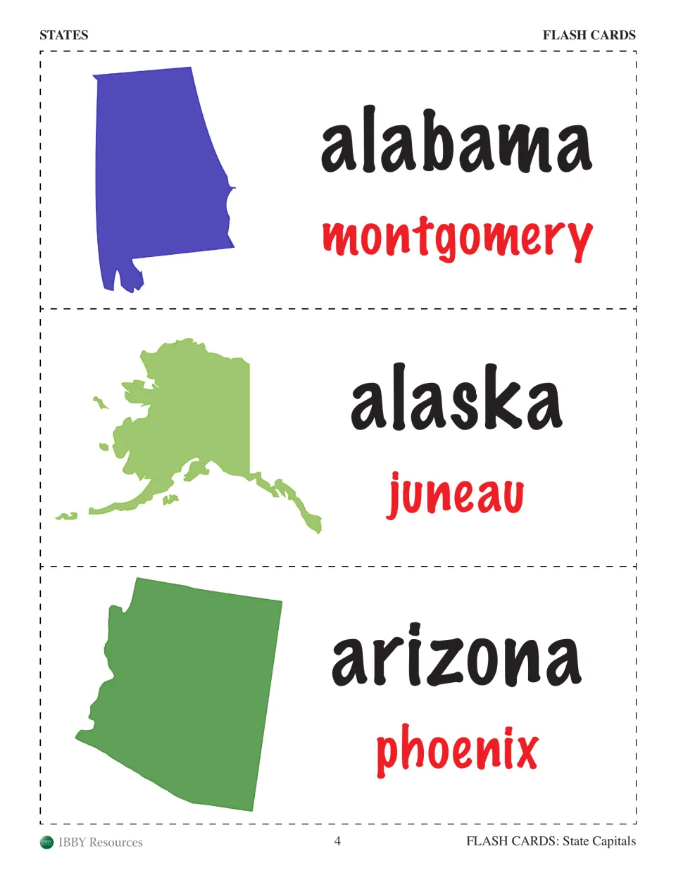 Alabama, Alaska and Arizona cards: each shows the state outline, name and capital (Montgomery, Juneau, Phoenix) to memorize