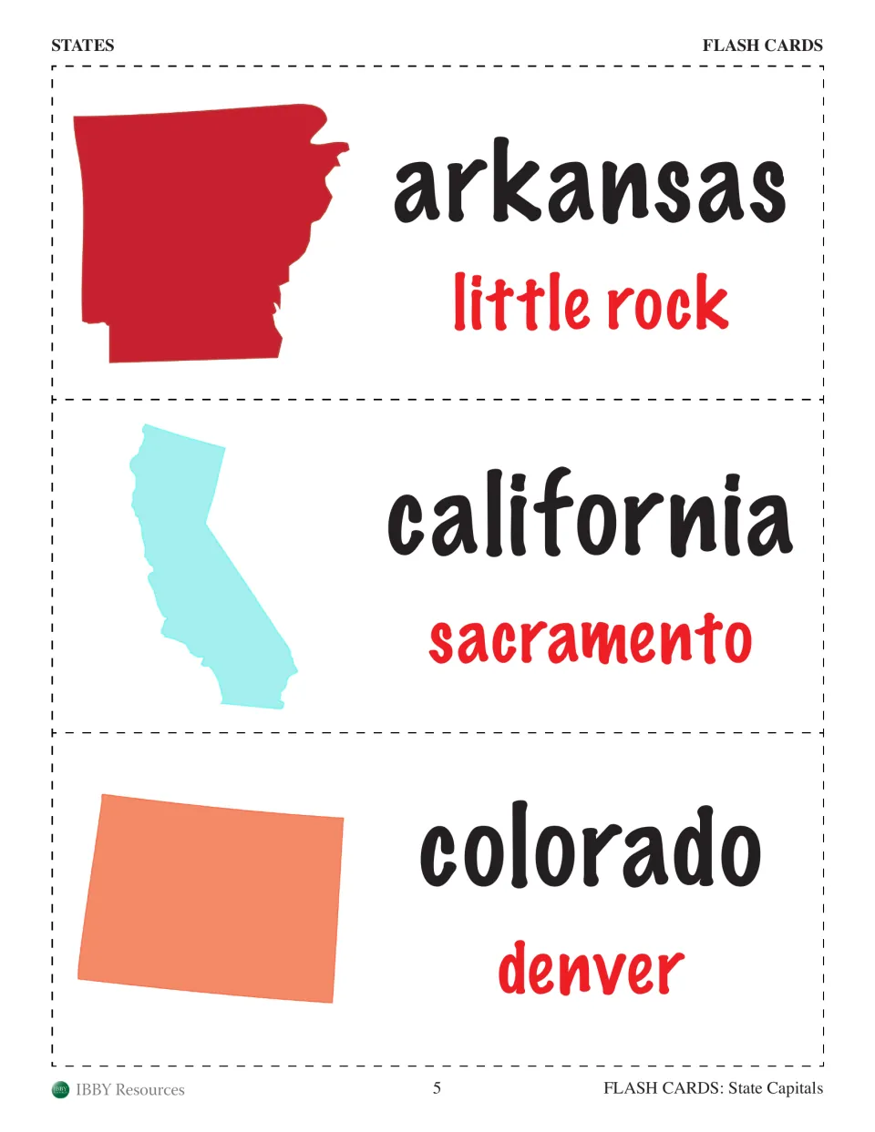 Arkansas, California and Colorado cards pairing each state shape and name with Little Rock, Sacramento or Denver