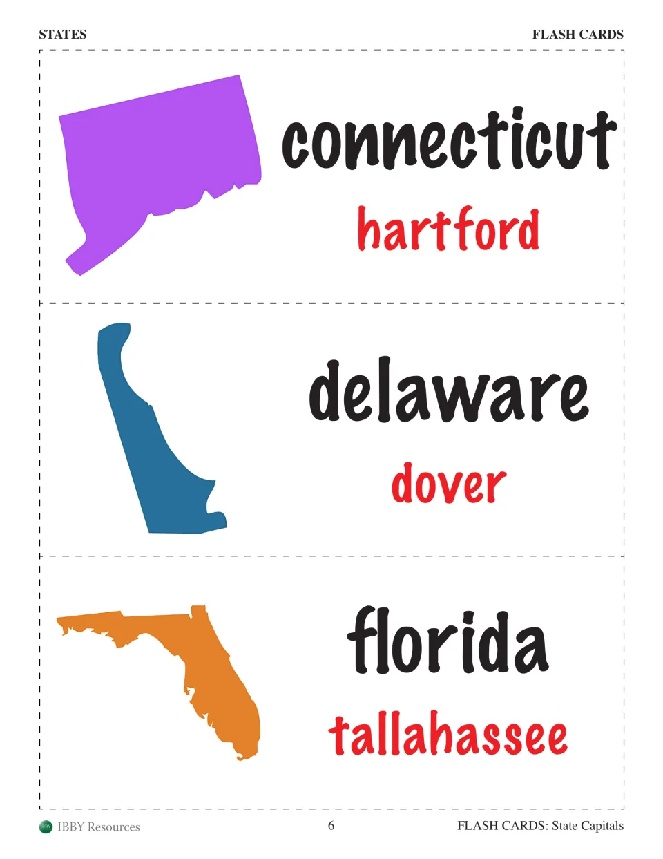 Connecticut, Delaware and Florida cards for recalling capitals: each state outline with Hartford, Dover or Tallahassee