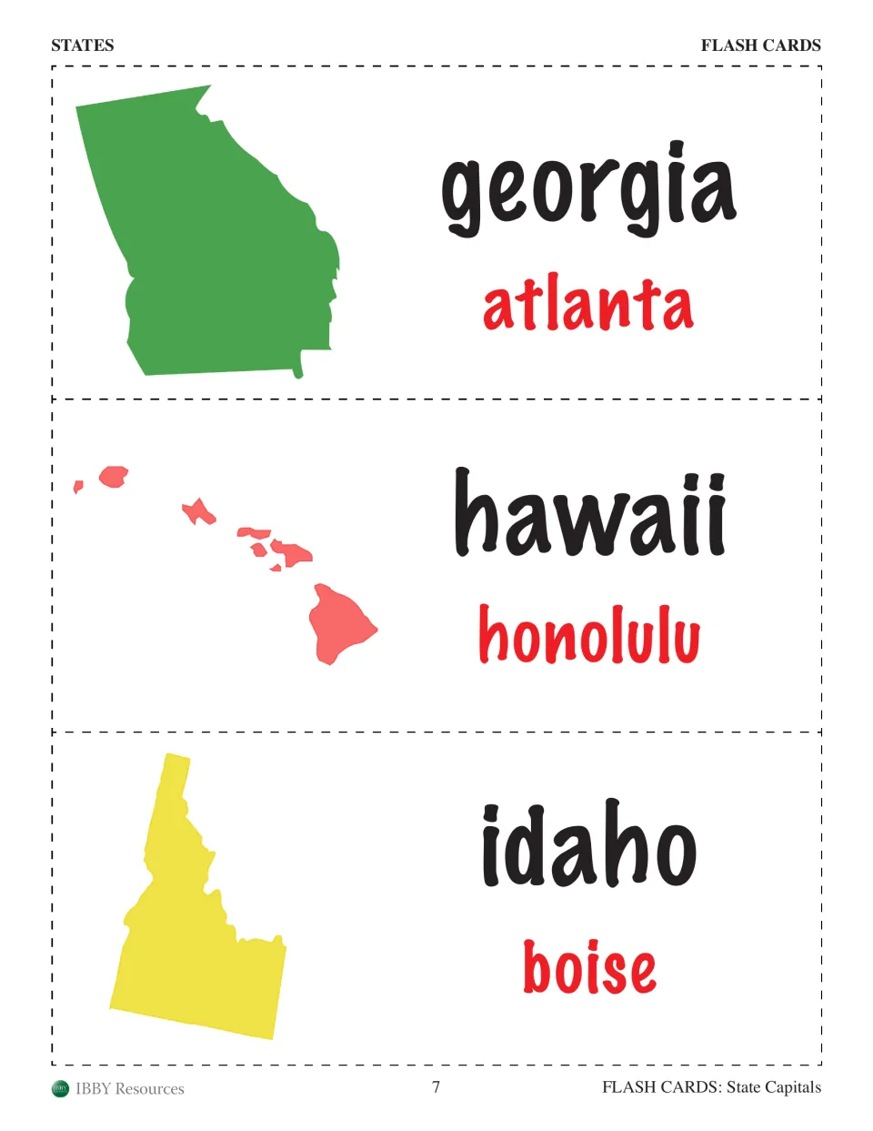 Georgia, Hawaii and Idaho capital cards: outline of each state with its name and capital Atlanta, Honolulu or Boise