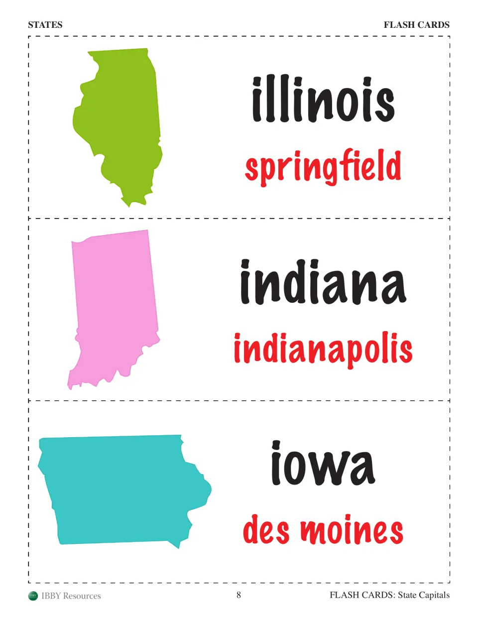 Illinois, Indiana and Iowa cards matching each state shape and name to its capital: Springfield, Indianapolis, Des Moines