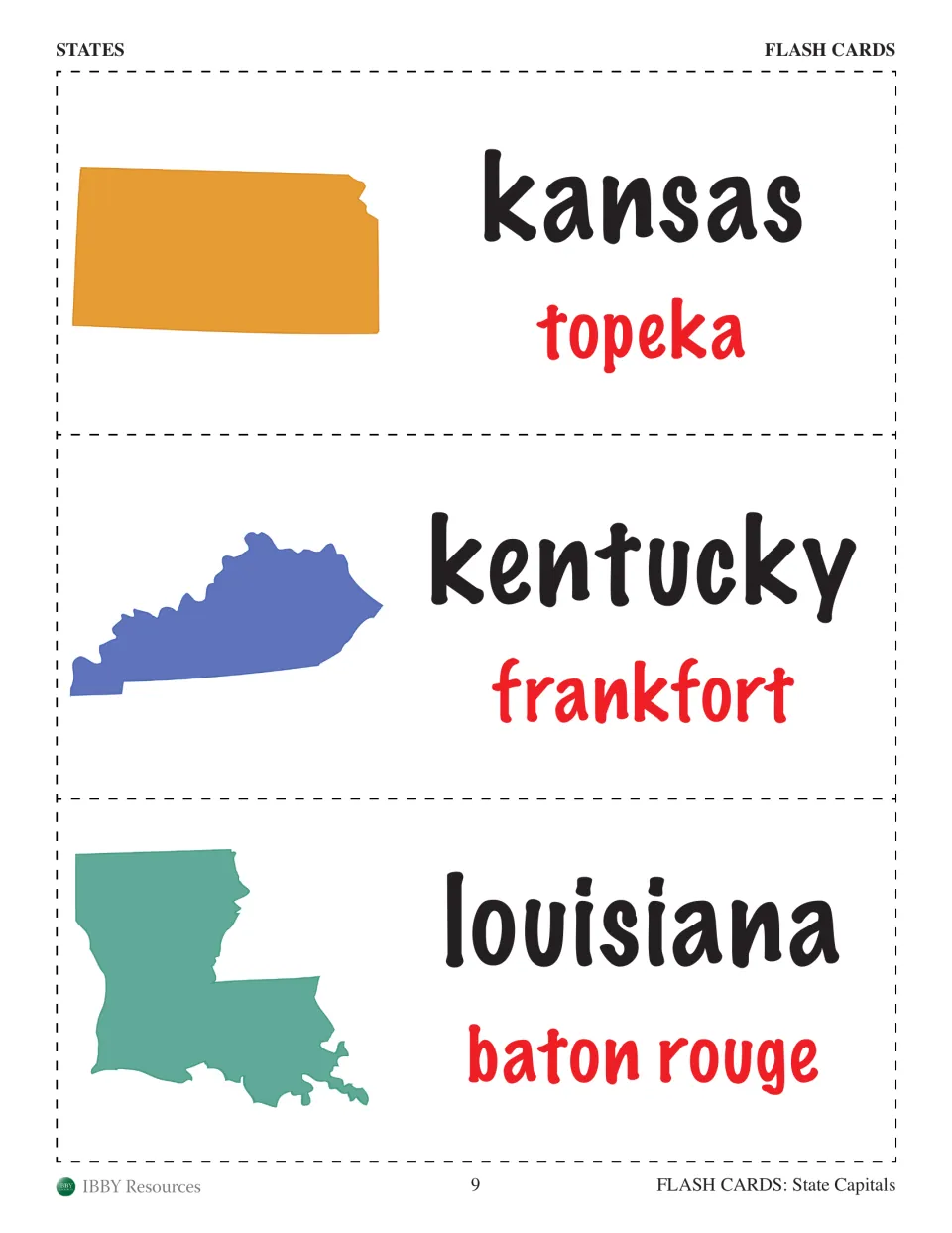 Kansas, Kentucky and Louisiana cards for capital recall, each outline labeled with Topeka, Frankfort or Baton Rouge