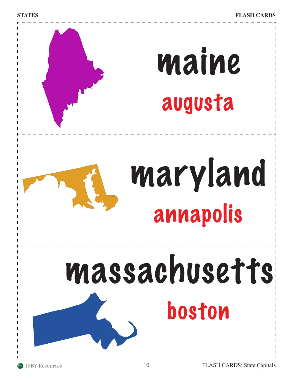 Maine, Maryland and Massachusetts cards showing each state silhouette, its name and capital Augusta, Annapolis or Boston