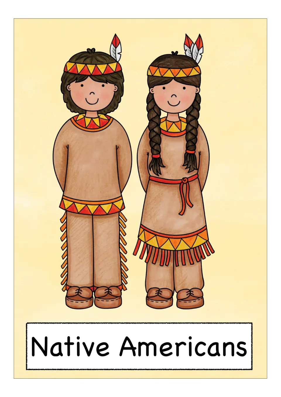 Native Americans vocabulary card: two children in fringed tan clothing and feathered headbands above the word label