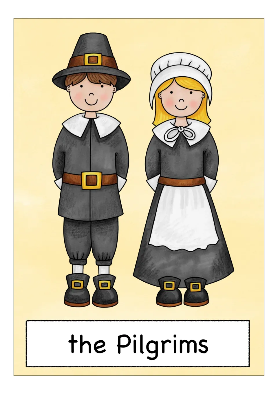 The Pilgrims picture card: a boy in a buckled hat and a girl in a white bonnet and apron, labeled for word recognition