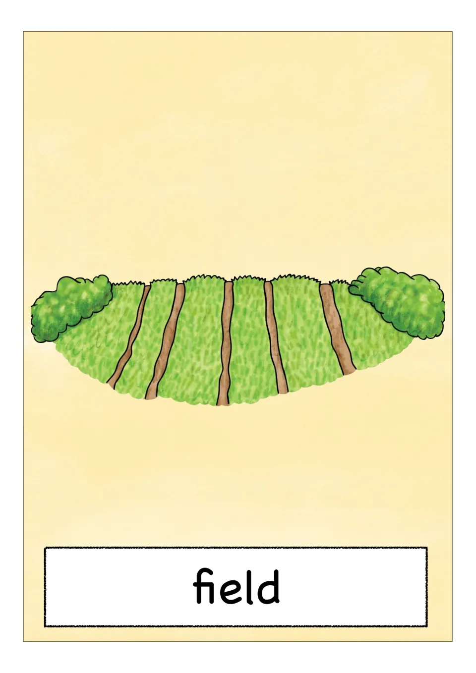 Field word card: a green field with brown furrows between hedges, so students match the picture to the word field