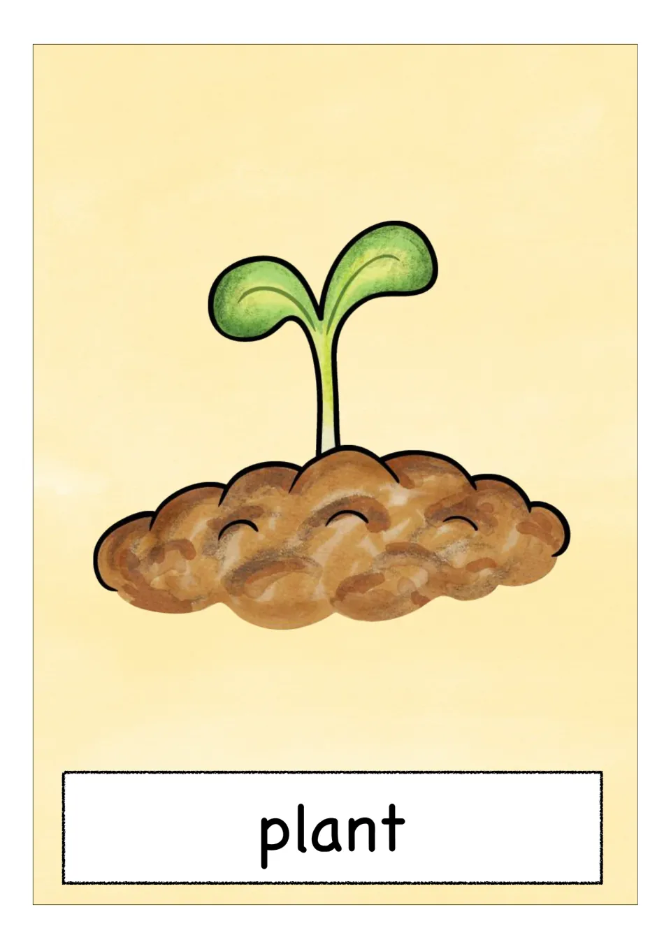 Plant card: a small green seedling sprouting from a mound of brown soil, with the word plant printed below for reading