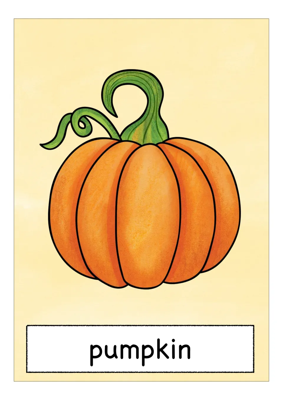 Pumpkin flash card: a round orange pumpkin with a curling green stem and vine, paired with the word pumpkin for naming