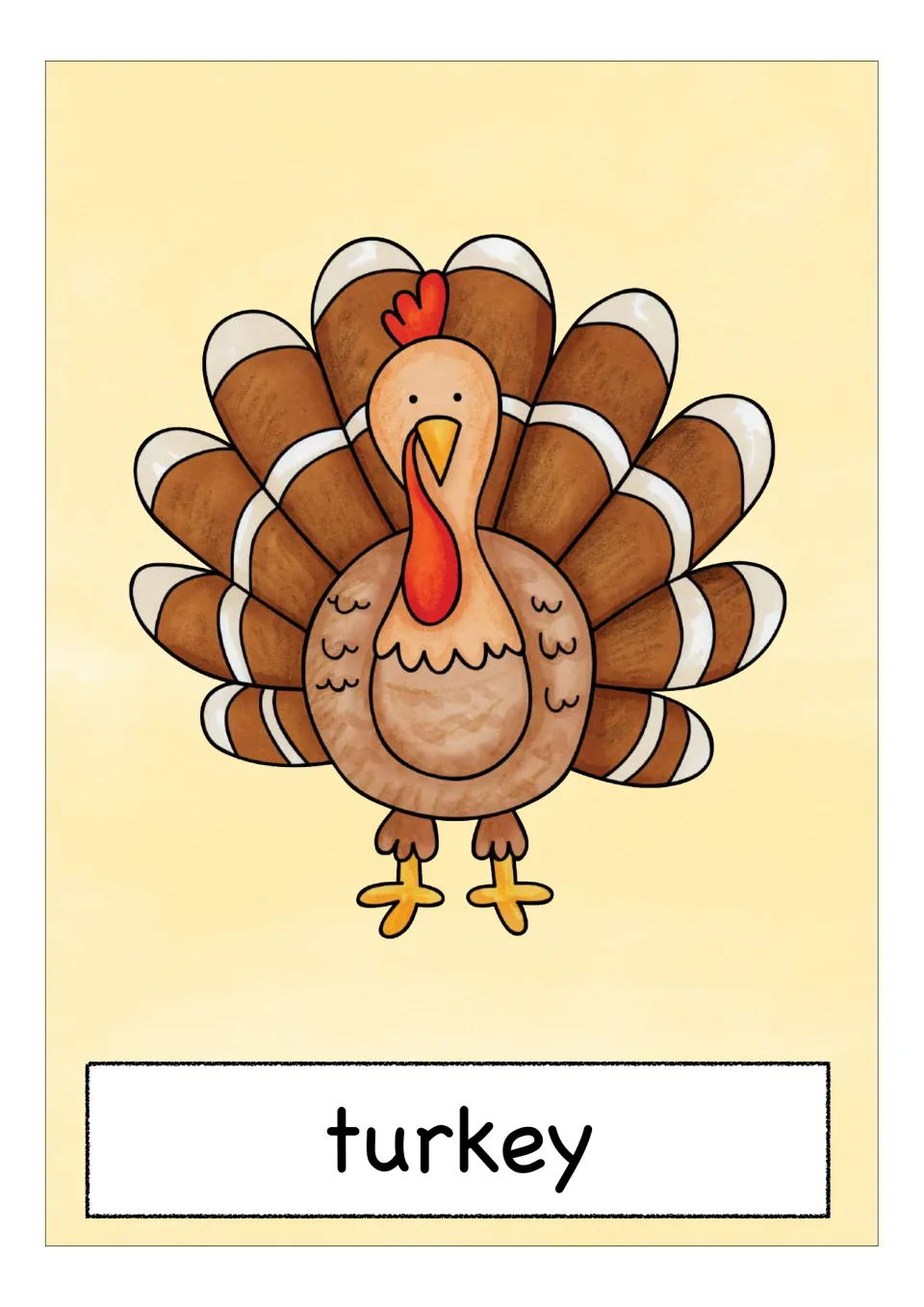 Turkey animal card: a cartoon bird with fanned brown and white tail feathers and a red wattle, labeled turkey