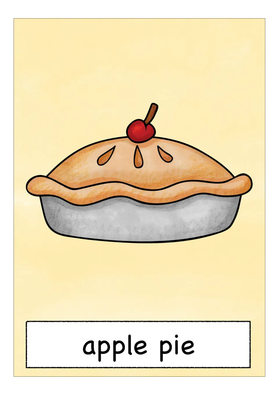 Apple pie card: a golden pie with vent slits in a silver tin, topped with a red cherry, shown with the words apple pie