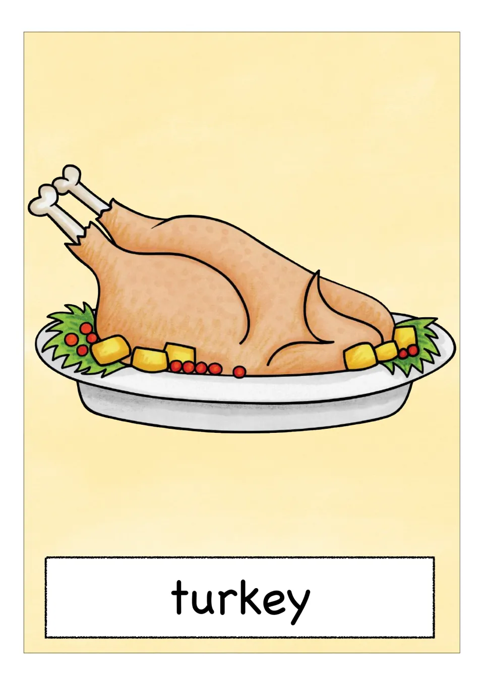 Roast turkey card: a cooked bird on a white platter with greens, berries and yellow cubes, labeled turkey as food