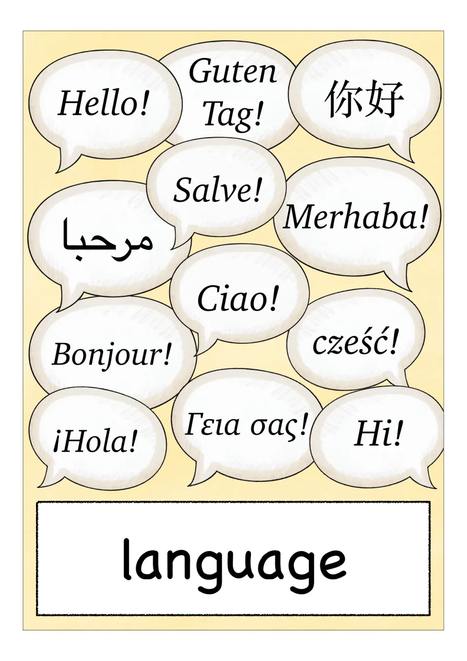 English/ESL vocabulary flashcard labeled 'language,' illustrated with greetings in multiple languages