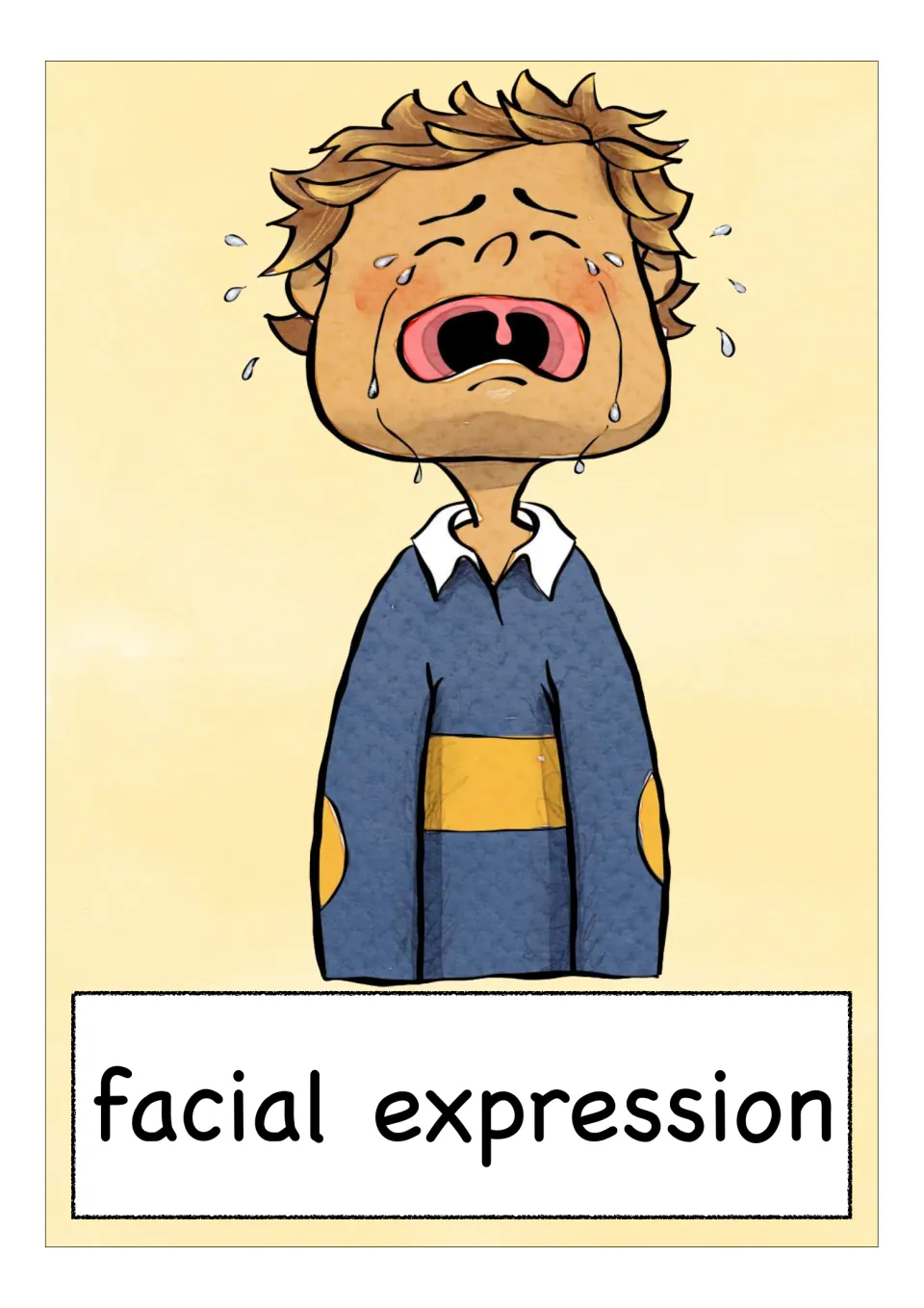 English/ESL vocabulary flashcard labeled 'facial expression,' showing a crying child with an open mouth