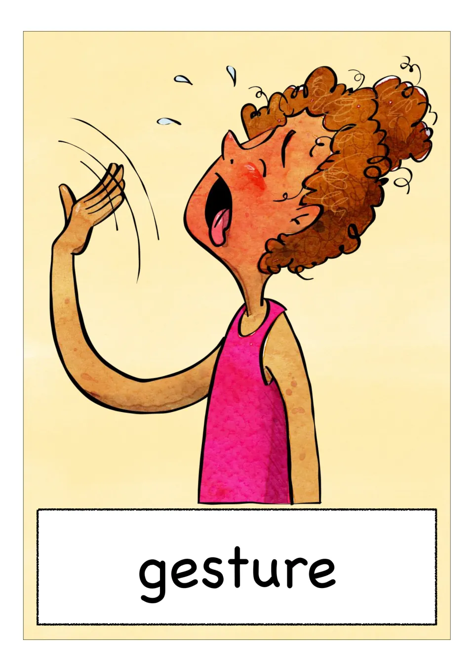 English/ESL vocabulary flashcard labeled 'gesture,' showing a person raising a hand near an open mouth