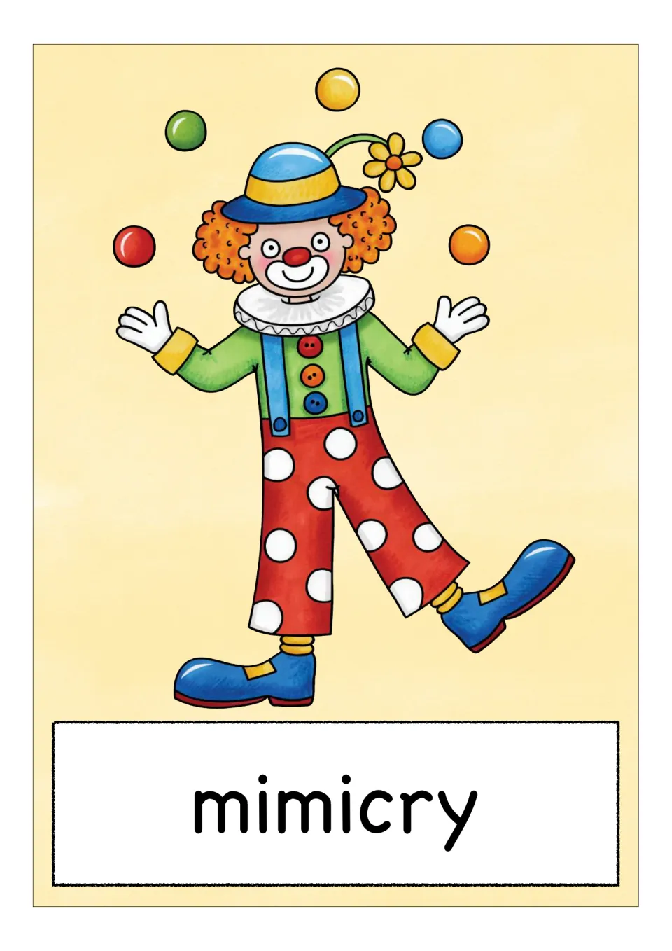 English/ESL vocabulary flashcard labeled 'mimicry,' illustrated with a clown juggling five colored balls