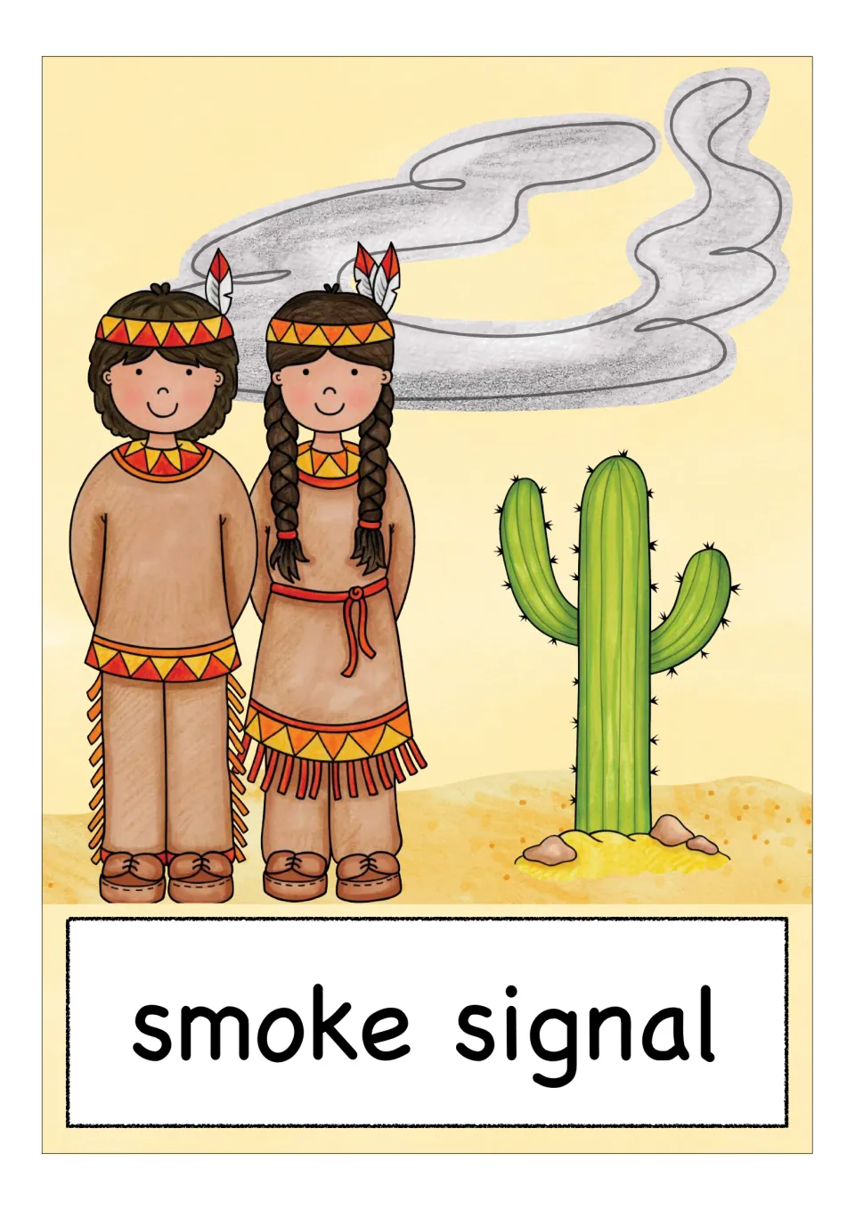 English/ESL vocabulary flashcard labeled 'smoke signal,' showing two people beside a cactus beneath smoke