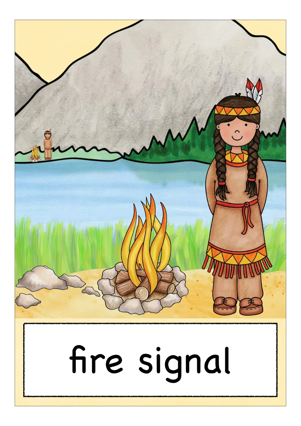 English/ESL vocabulary flashcard labeled 'fire signal,' showing people beside fires across a body of water