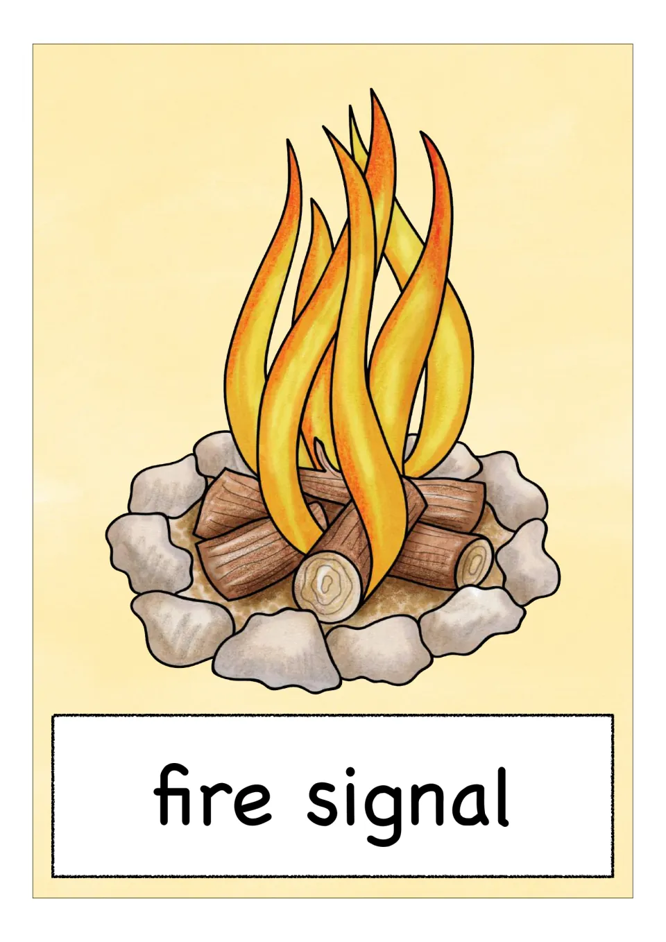 English/ESL vocabulary flashcard labeled 'fire signal,' showing burning logs surrounded by stones
