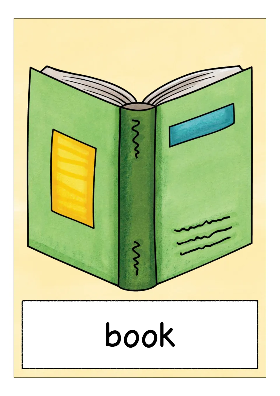 English/ESL media vocabulary flashcard labeled 'book,' illustrated with an open book with a green cover