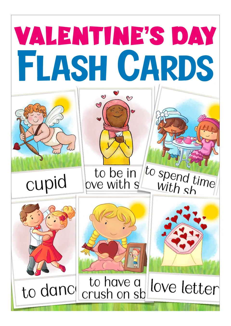 Valentine's Day vocabulary cover showing picture cards for cupid, love letter, to dance and to have a crush on sb.