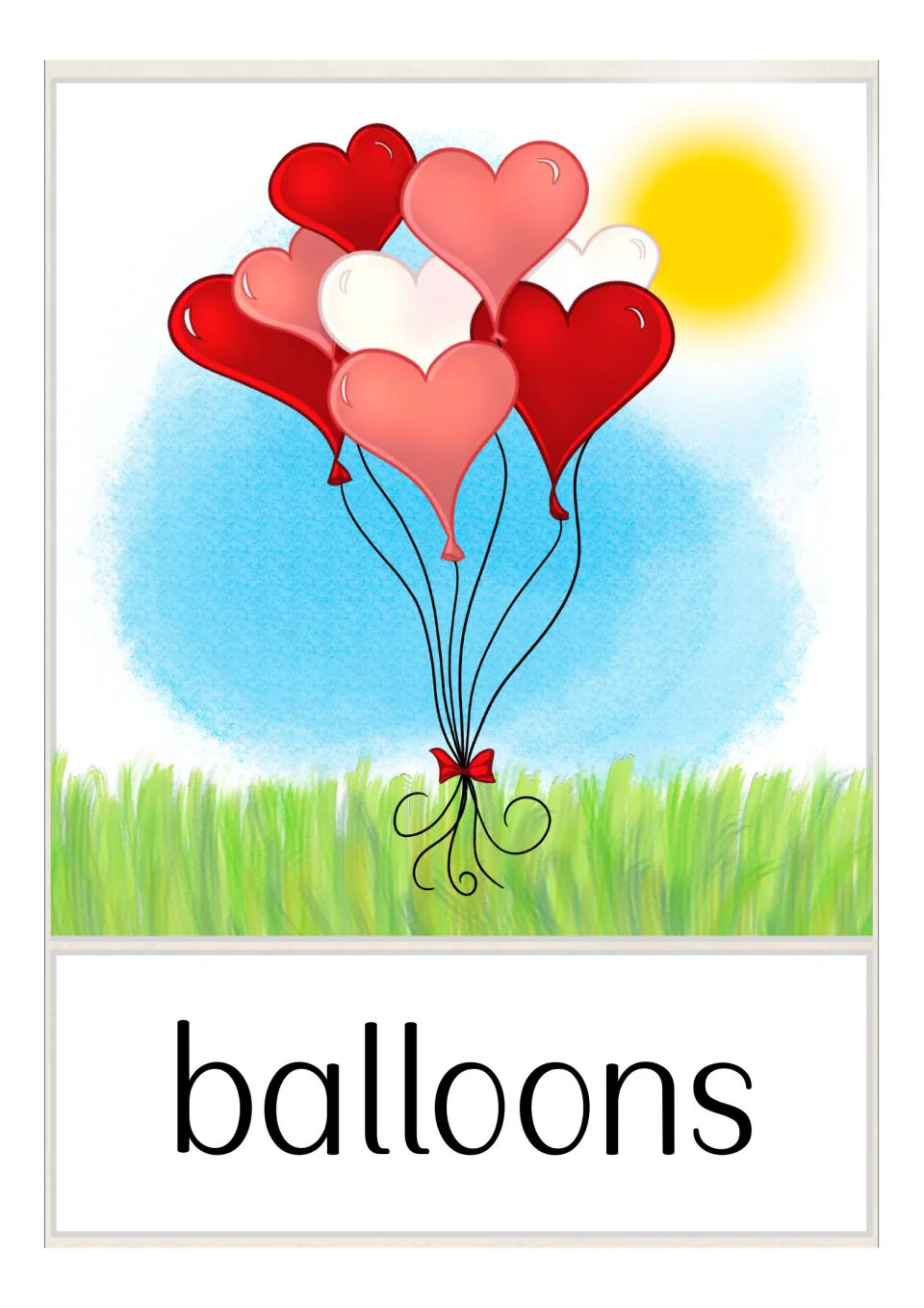 Valentine vocabulary card for the word balloons, pictured as a bunch of red, pink and white heart-shaped balloons