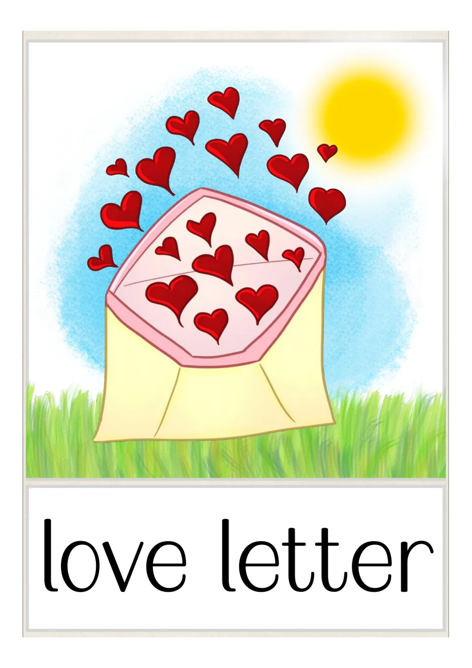 Valentine vocabulary card for the phrase love letter, shown as an open envelope with red hearts flying out of it
