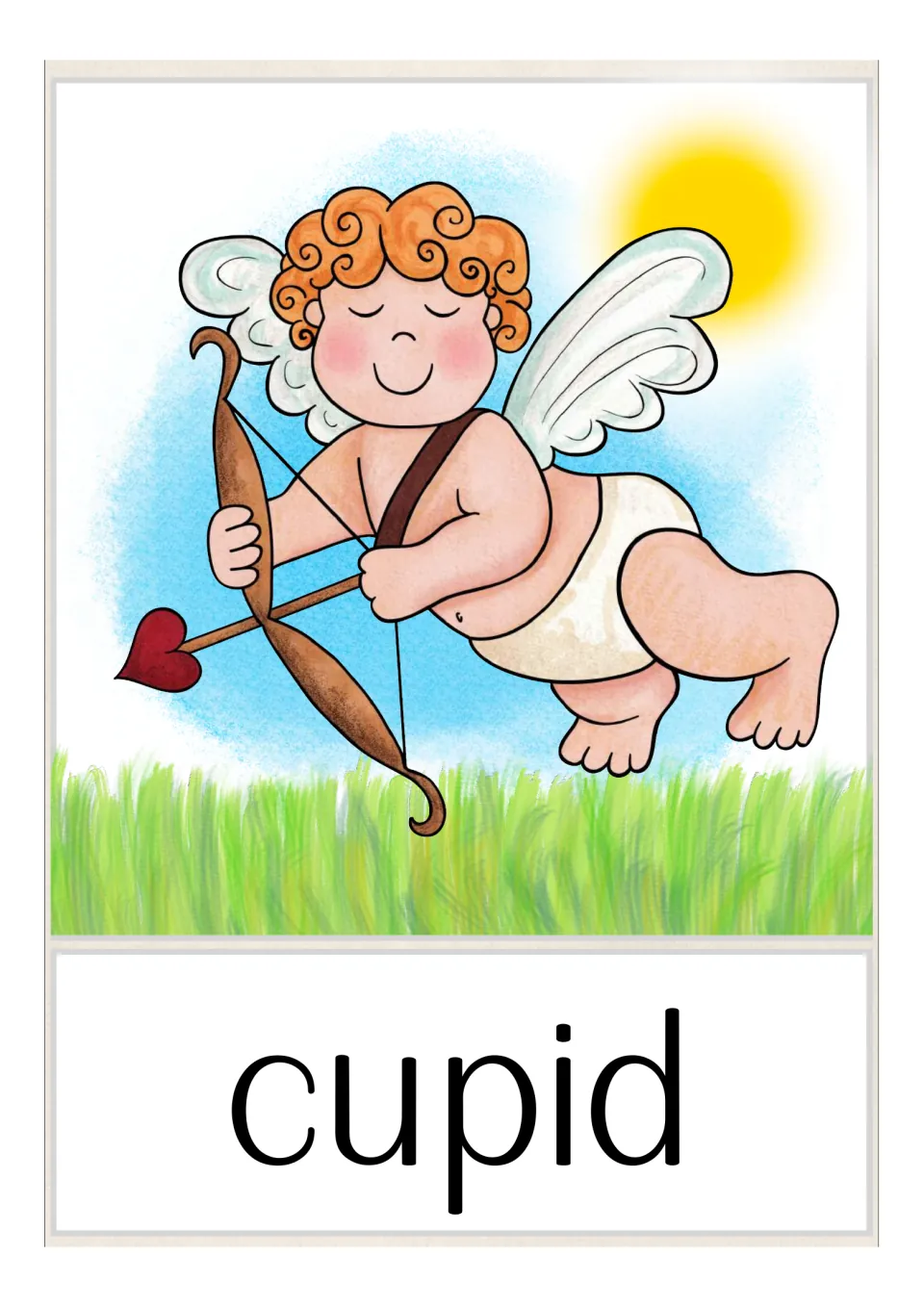 Valentine vocabulary card for the word cupid: a curly-haired winged cherub aims a bow with a heart-tipped arrow