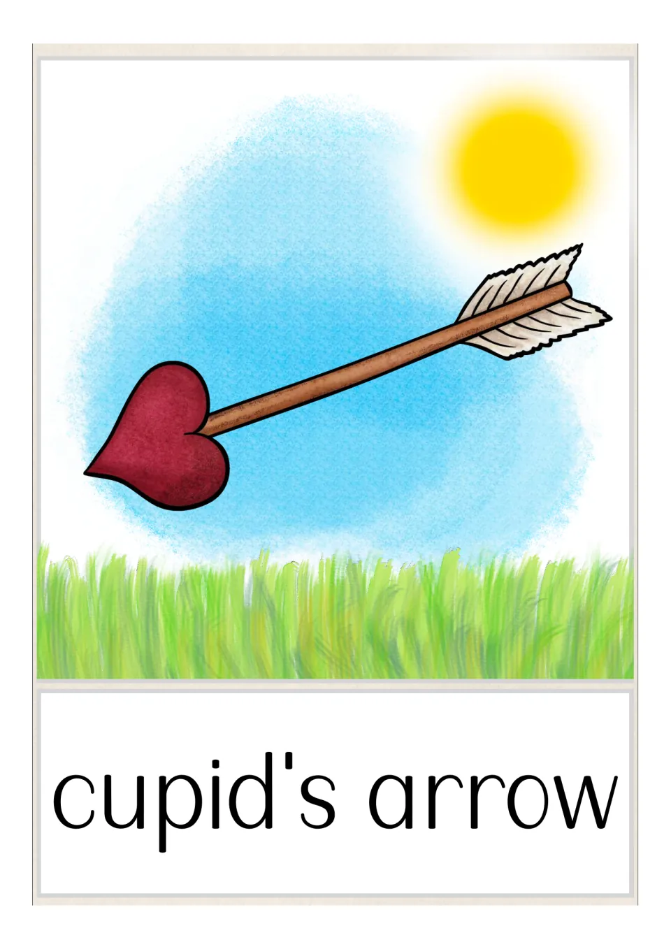 Valentine vocabulary card for the phrase cupid's arrow, shown as a feathered arrow with a red heart-shaped tip