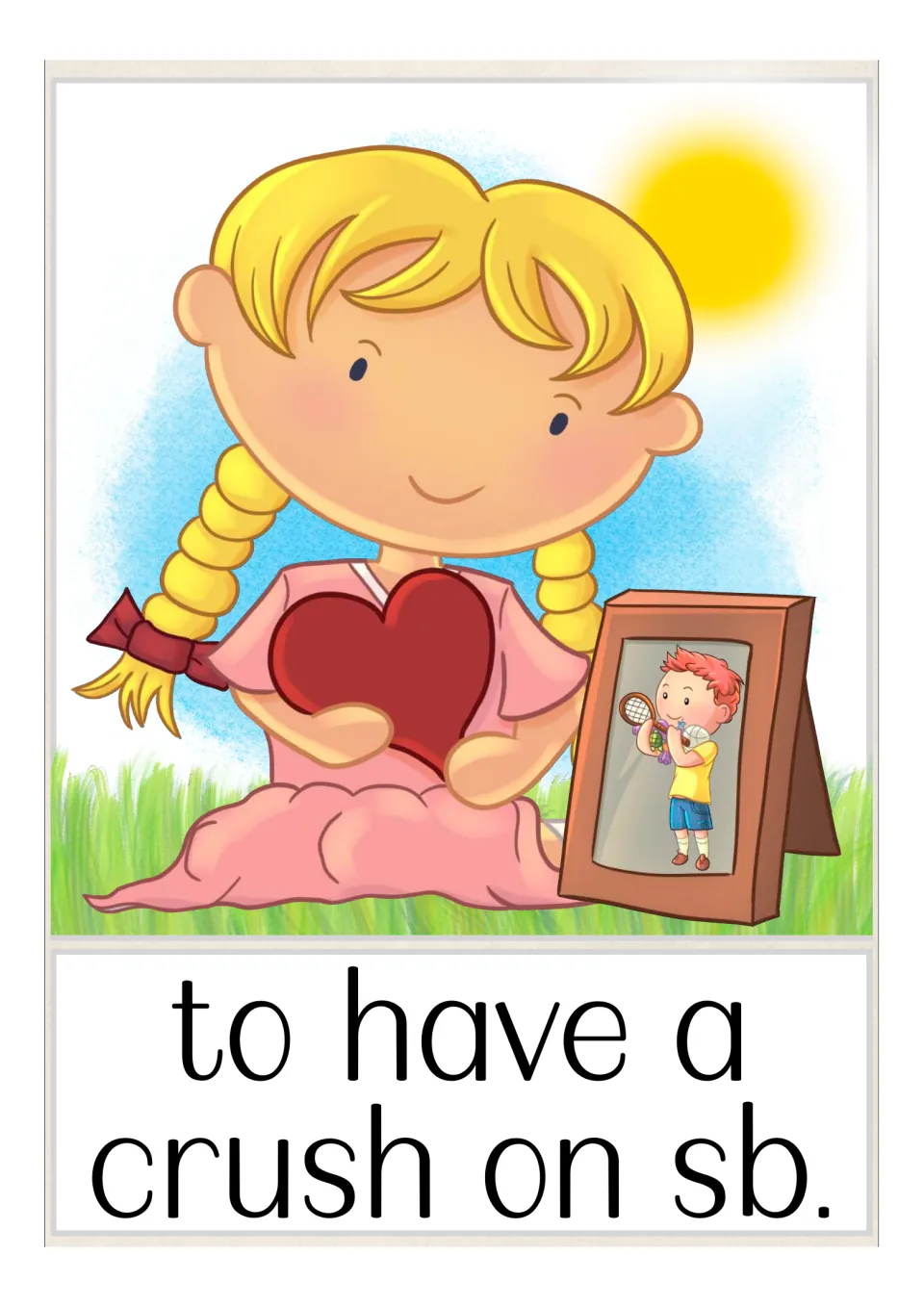 Feelings vocabulary card for the expression to have a crush on sb.: a girl hugs a heart beside a framed photo of a boy