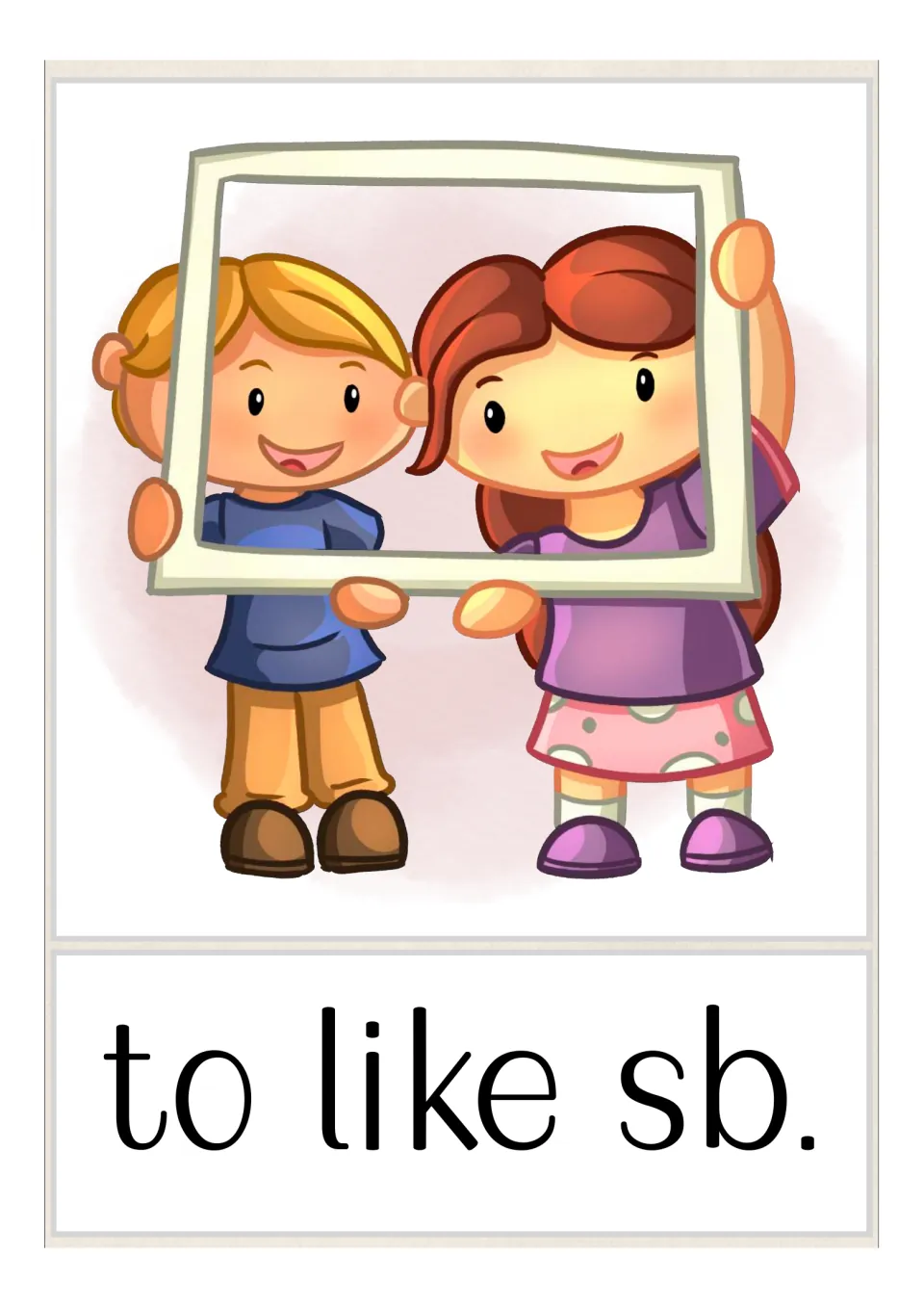 Friendship vocabulary card for the verb phrase to like sb.: two smiling children hold up a picture frame together