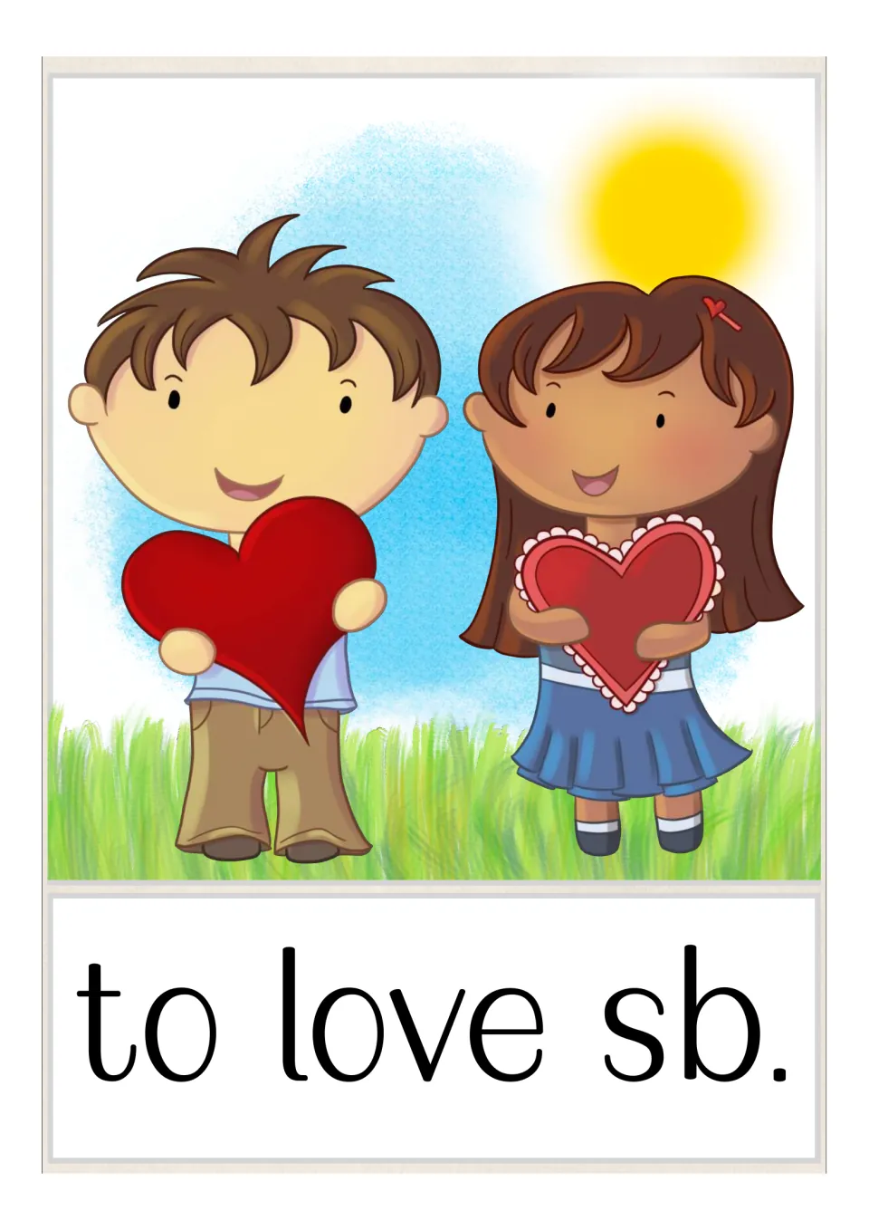 Feelings vocabulary card for the verb phrase to love sb.: a boy and a girl stand on grass, each holding a red heart