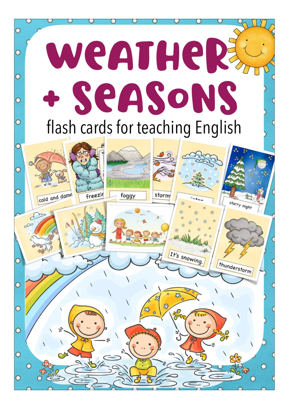 Cover of the weather and seasons flashcard resource, labeled 'flash cards for teaching English'