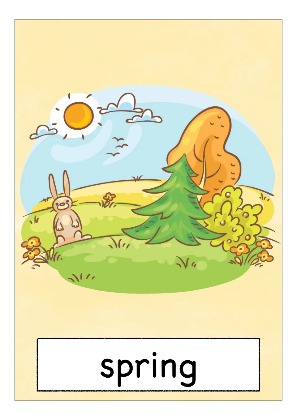 Season vocabulary flashcard labeled 'spring', illustrated with a rabbit, flowers, trees, and sunshine