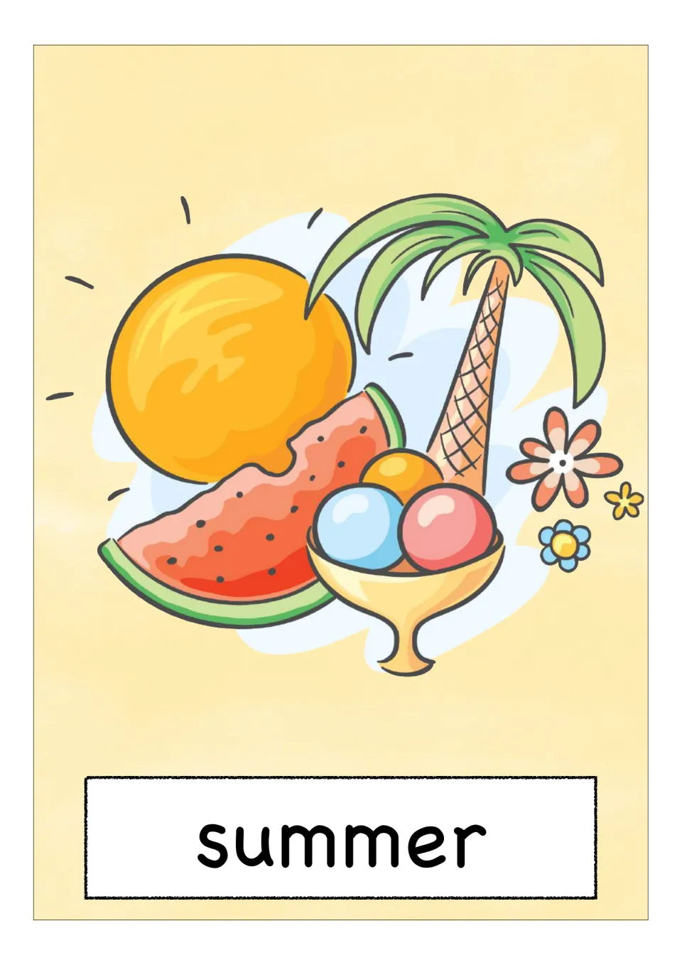 Season vocabulary flashcard labeled 'summer', illustrated with sunshine, watermelon, and ice cream