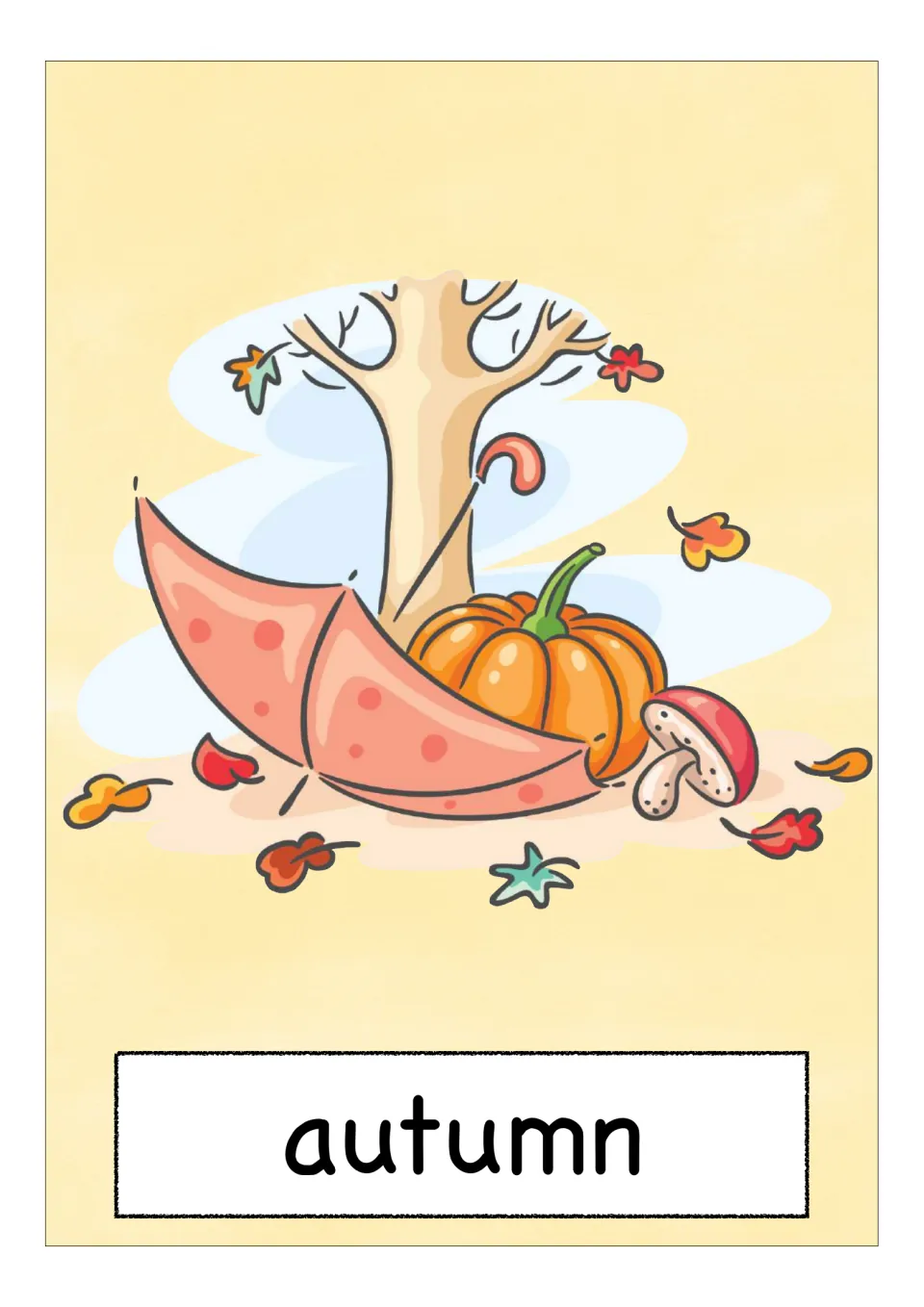 Season vocabulary flashcard labeled 'autumn', illustrated with falling leaves, a pumpkin, and umbrella