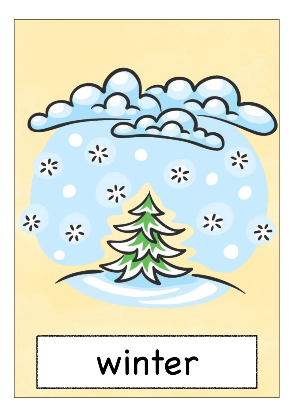 Season vocabulary flashcard labeled 'winter', illustrated with falling snow and a snow-covered tree