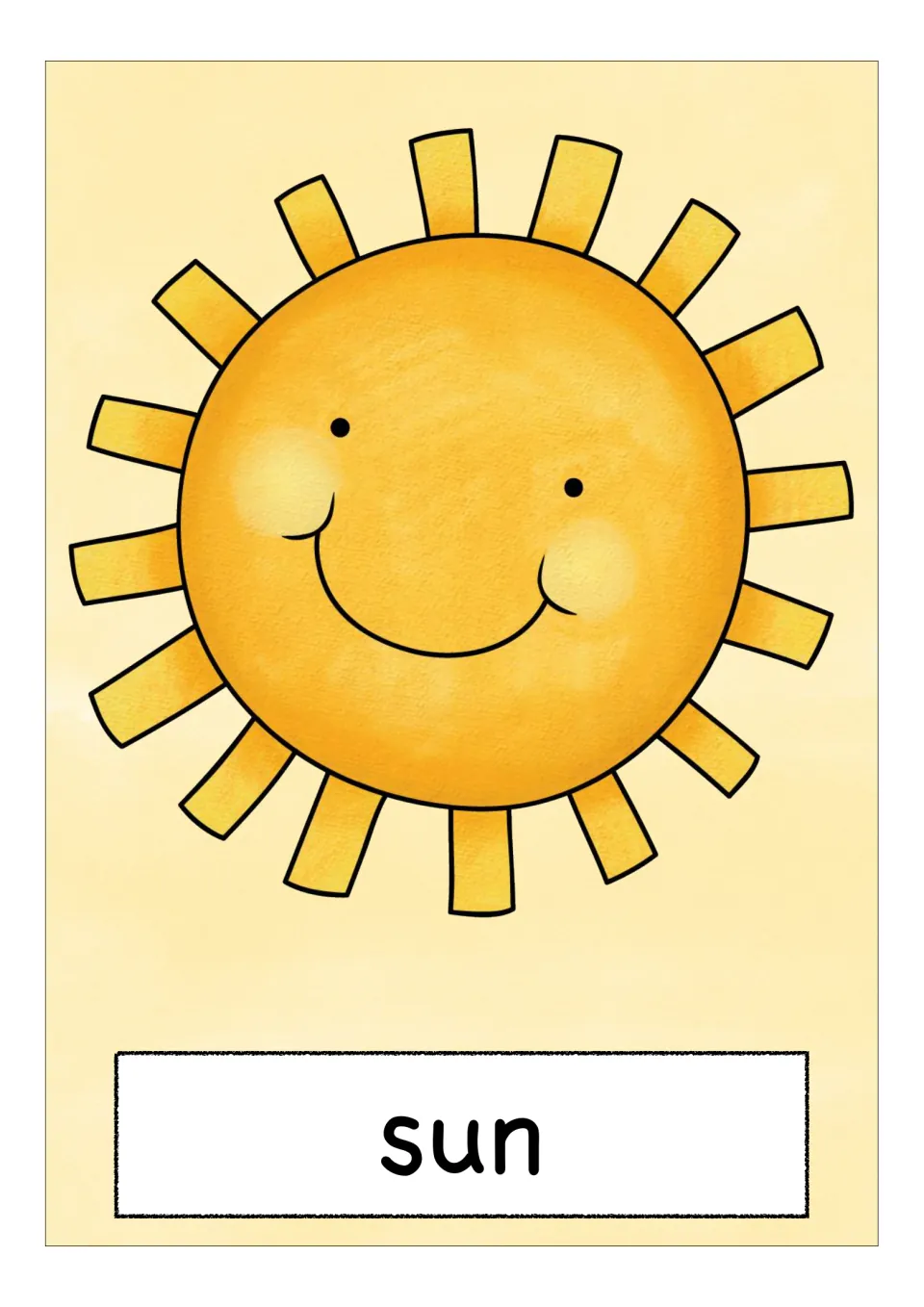 Weather vocabulary flashcard labeled 'sun', pairing the English word with a smiling yellow sun illustration