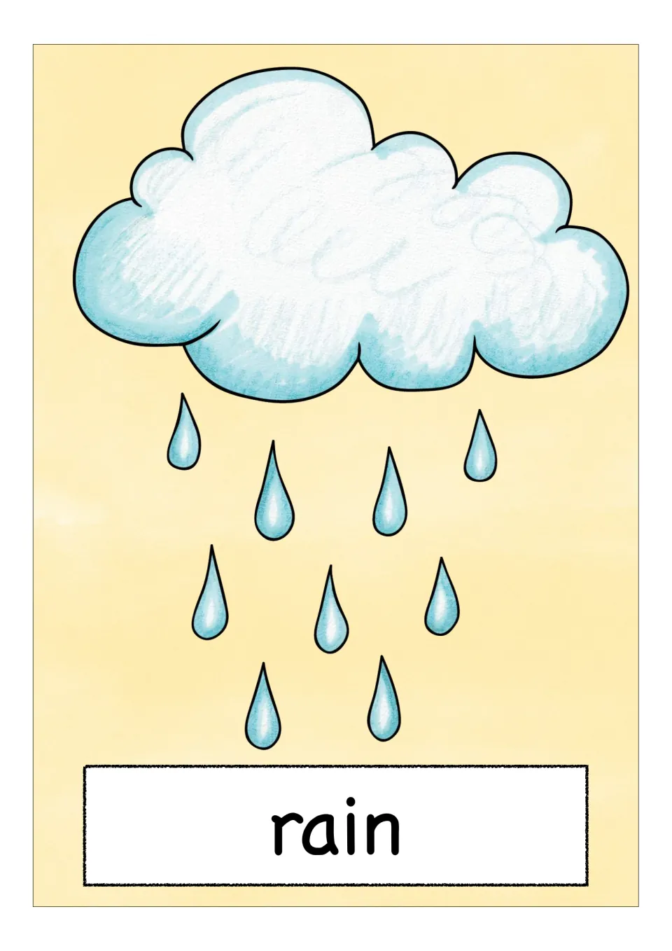 Weather vocabulary flashcard labeled 'rain', pairing the English word with a cloud and falling raindrops