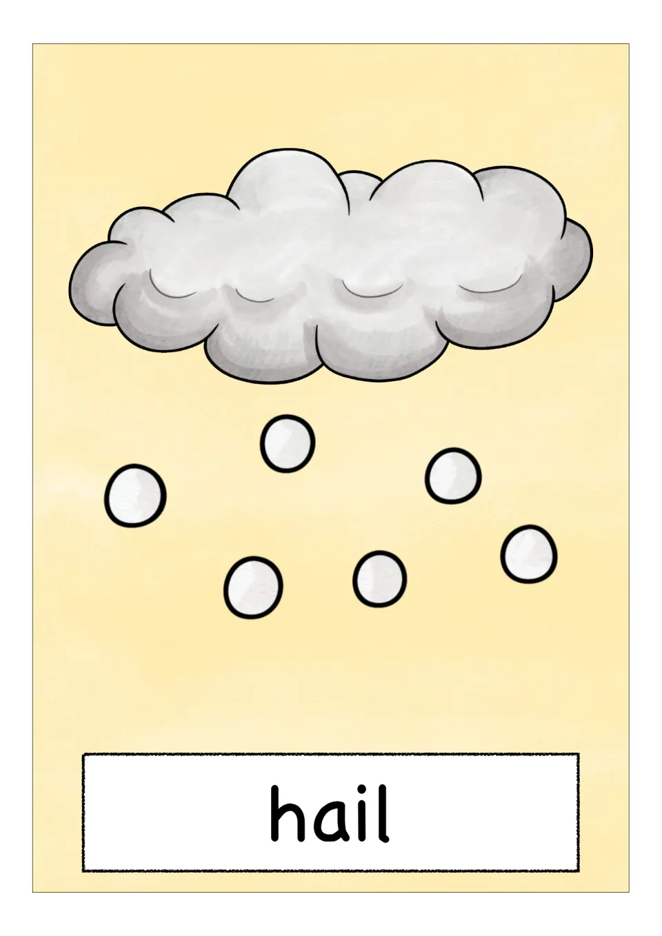 Weather vocabulary flashcard labeled 'hail', pairing the English word with a gray cloud and falling hailstones