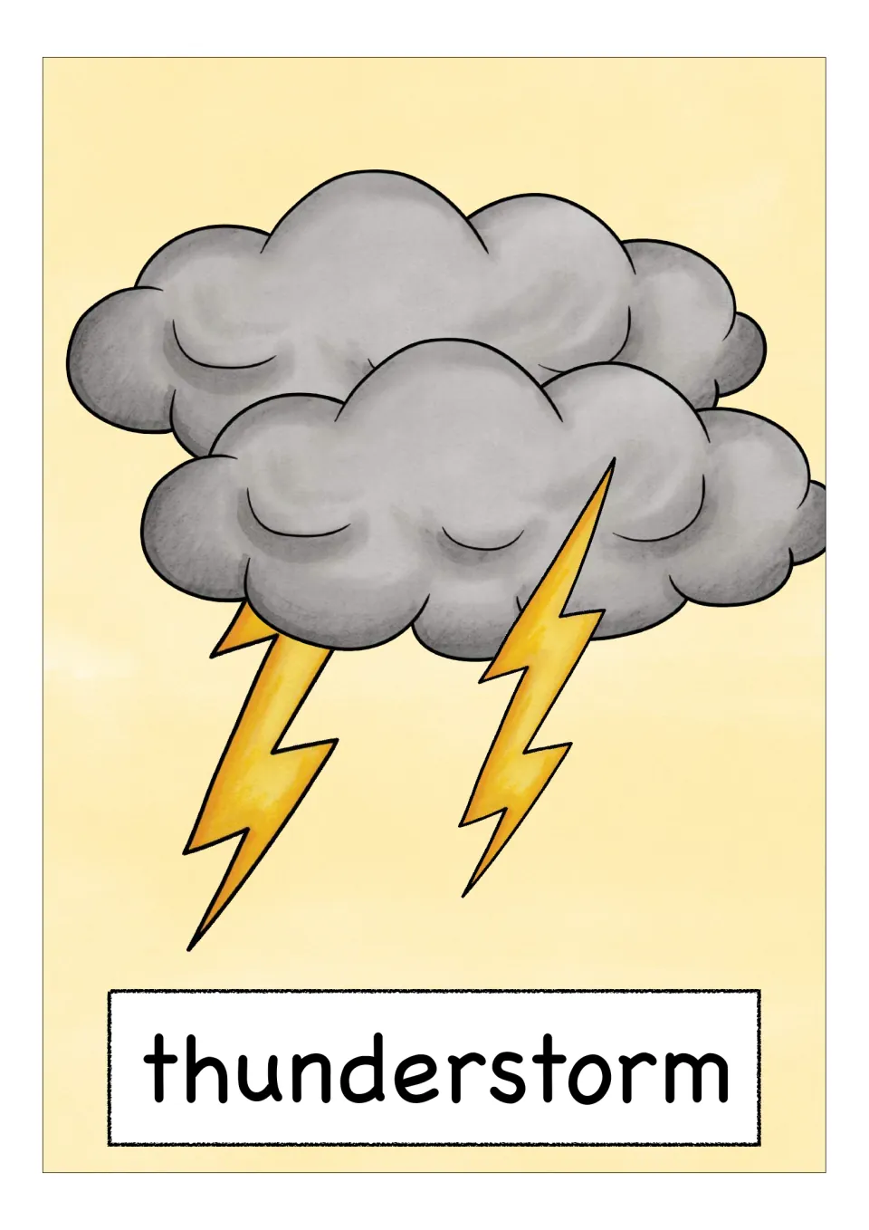 Weather vocabulary flashcard labeled 'thunderstorm', illustrated with gray clouds and two lightning bolts