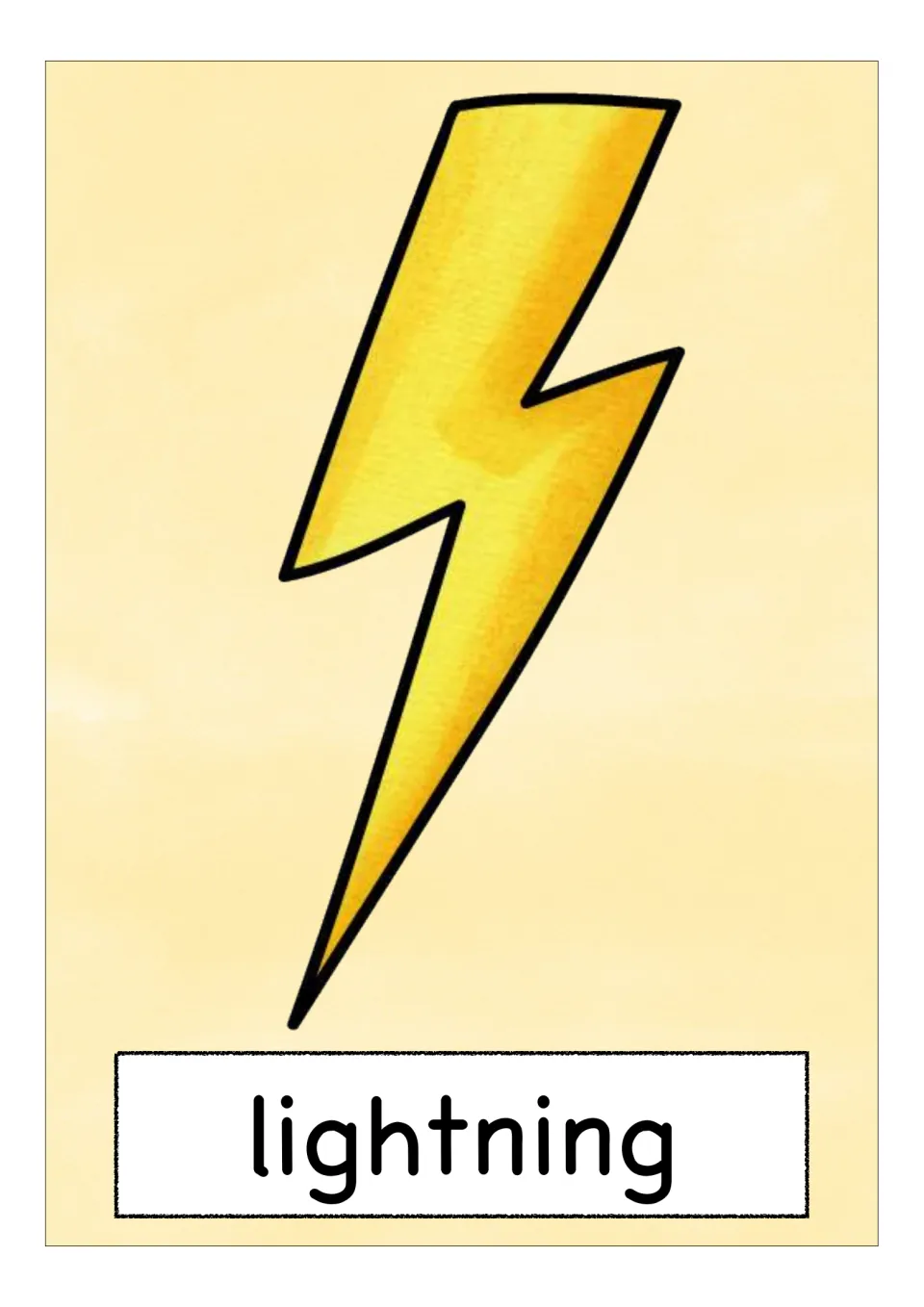 Weather vocabulary flashcard labeled 'lightning', pairing the English word with one yellow lightning bolt