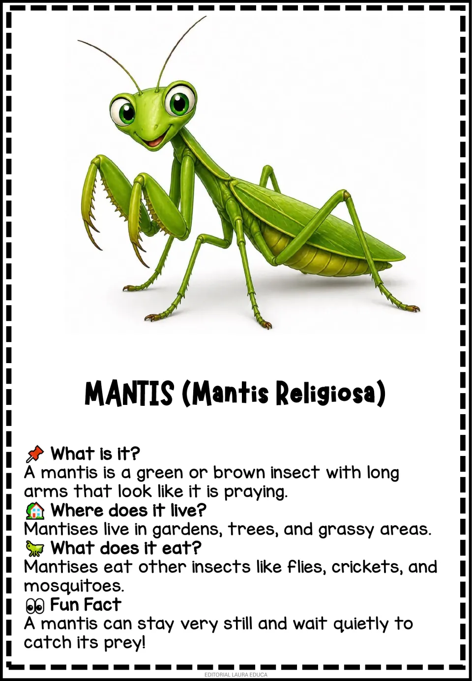 Mantis information flashcard describing its praying posture, grassy habitats, insect diet, and hunting