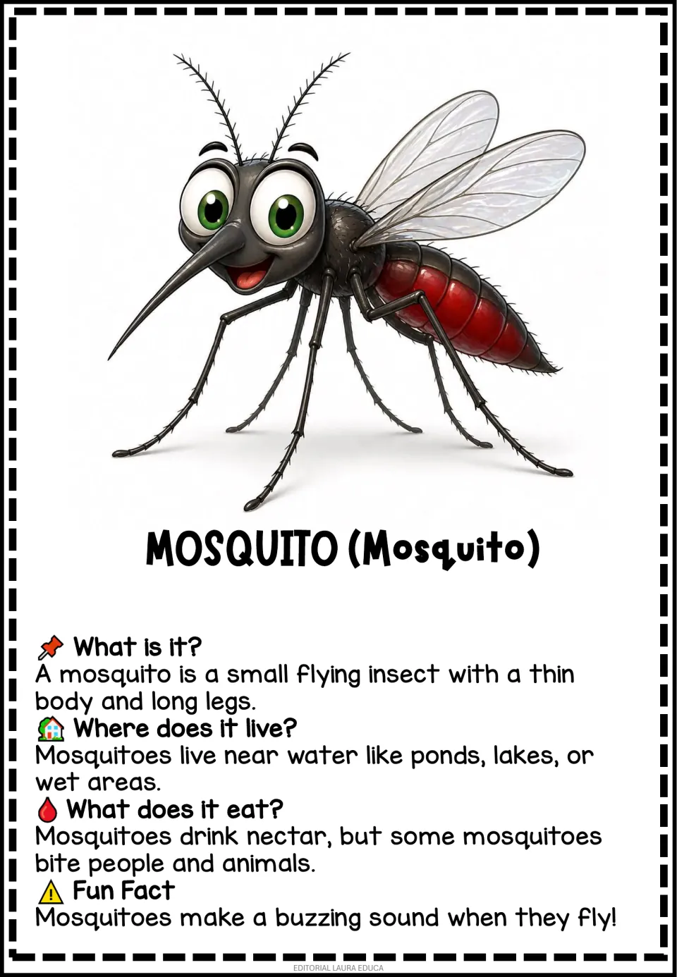 Mosquito information flashcard covering its thin body, waterside habitats, nectar diet, and buzzing