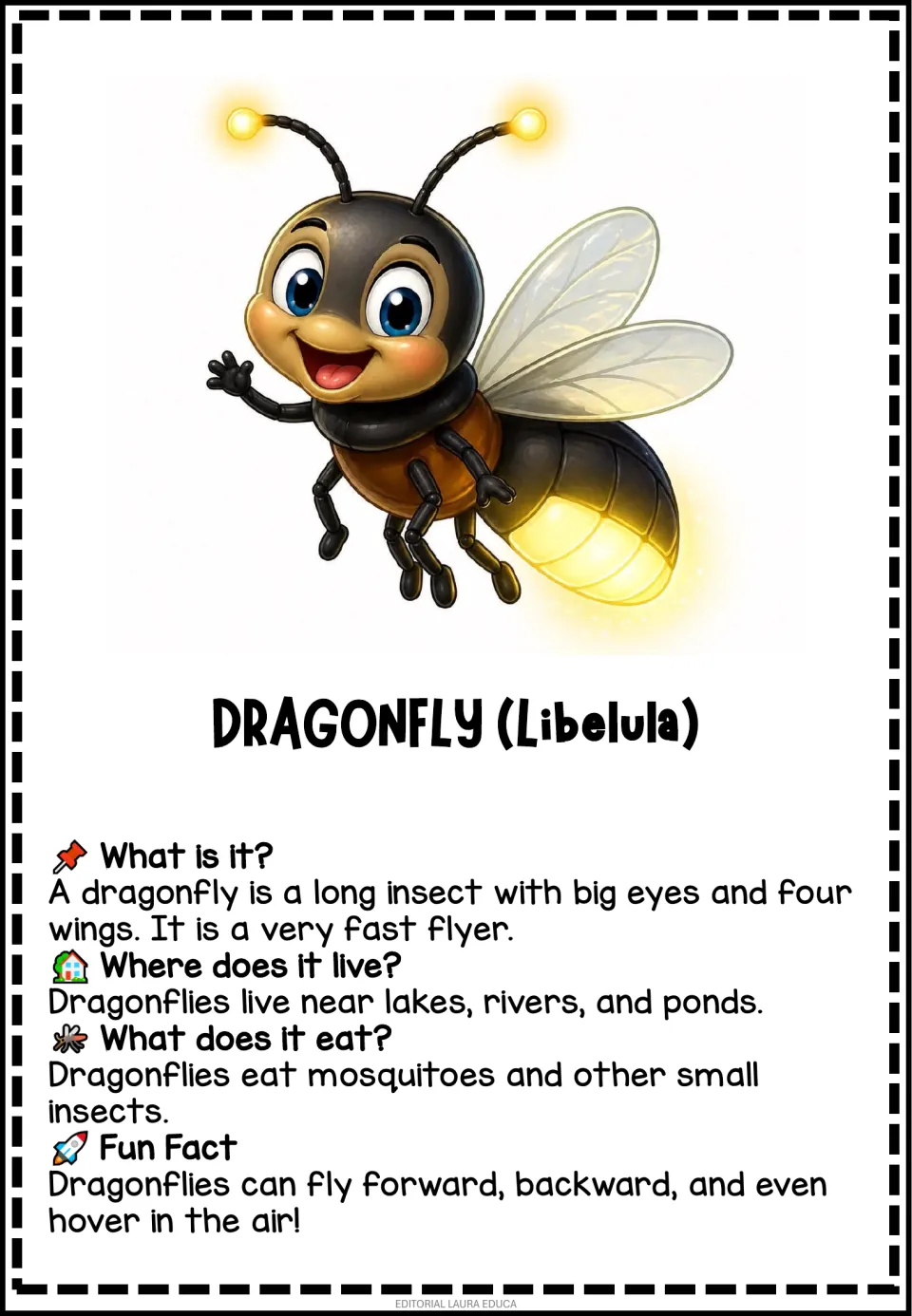 Dragonfly information flashcard labeled 'Libelula' (dragonfly), describing habitats, prey, and flight